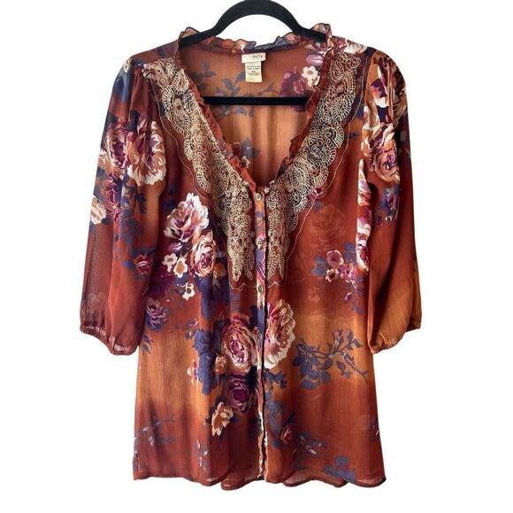 Vintage Y2K Daytrip Floral Sheer Boho Blouse – Lace Trim sz M – Phoebe Coquette - Picture 1 of 7
